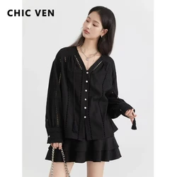 CHIC VEN Women Shirt Loose Casual V-neck Solid Hollowed Out Lace Up Woman Blouses Female Short Skirt Set Summer 2024