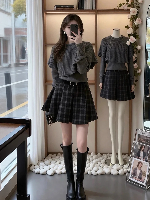 

Ретро-модный вязаный свитер-пальто и юбка с высокой талией: комплект из двух предметов для женщин, удобный и теплый наряд для зимы и осени.