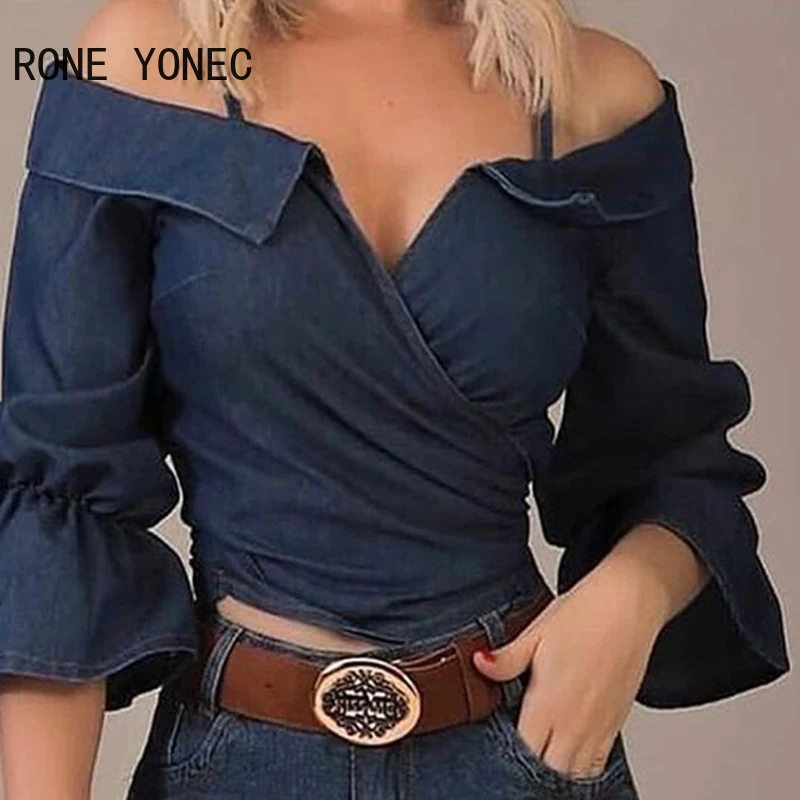 2024 Women Chic Off Shoulder Three Quarter Flared Sleeves Denim Summer Blouse Tops