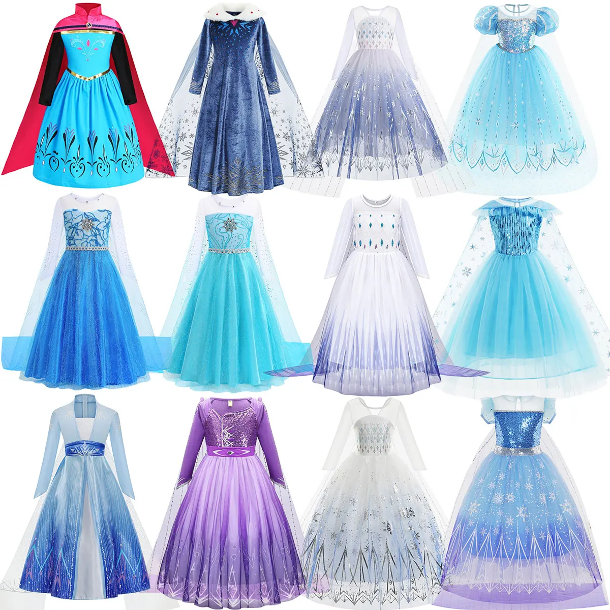 

2025 Disney Blue Elsa Dress For Girls Cosplay Snow Queen Long Sleeves Dress Halloween Carnival Birthday Party Girl Costume Set