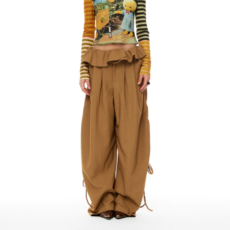 

Streetwear Fashion Scimitar Pants Women American Retro Y2K High Waist Baggy Trousers Female Casual Shirring Wide Leg Pants