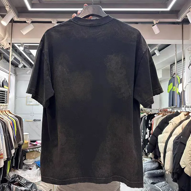 2024ss New Heavyweight Embroidery Logo T Shirt Wear Through Dirty Yellowing Wash Make Old Men Woman Loose Top Tees