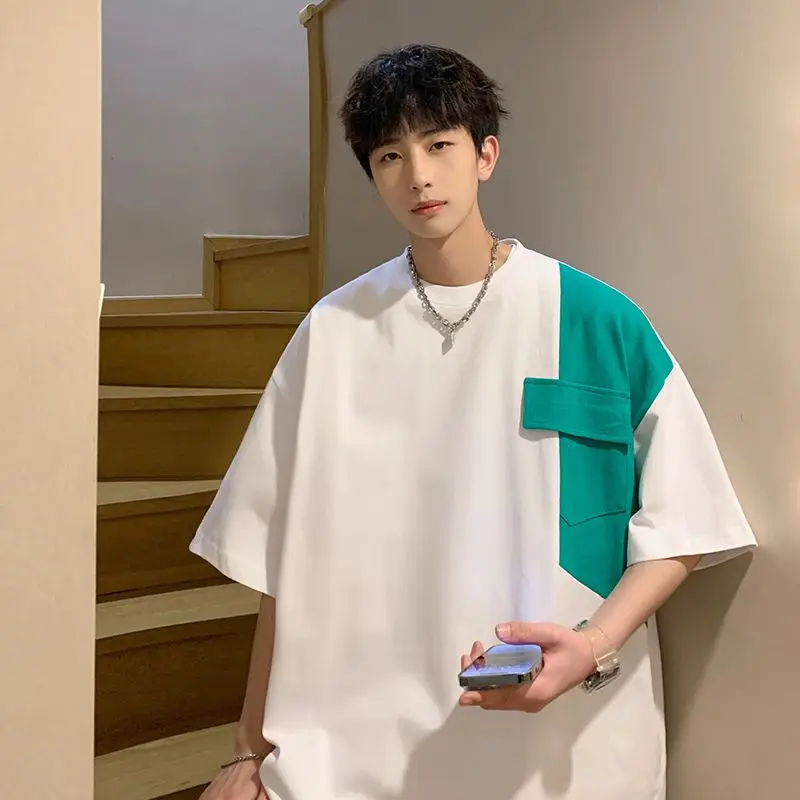 Men's Heavyweight Pure Cotton Color Blocked Splicing Short Sleeve T-shirt Loose Fit American Style Oversized Top for Trendy Men
