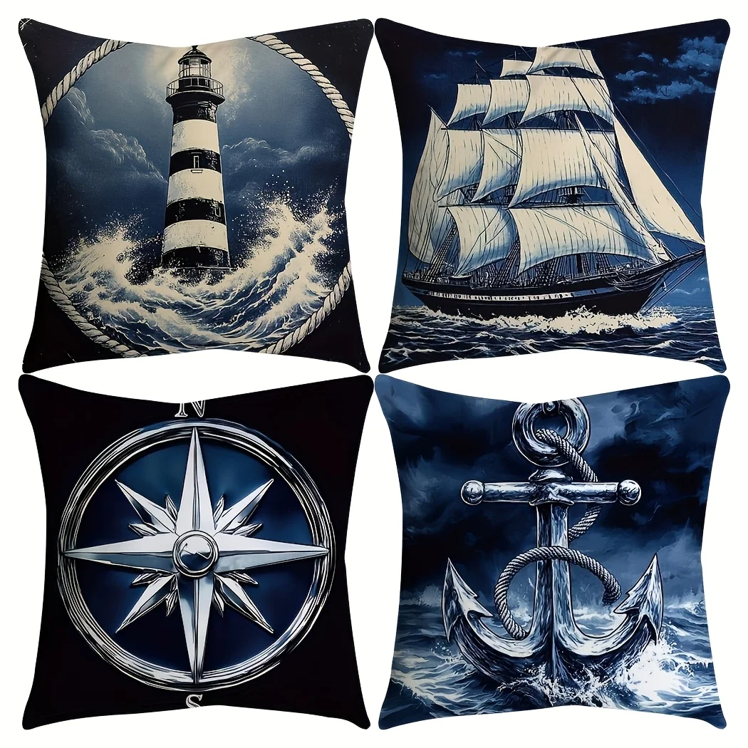 Decorative Nautical Pillowcase Set 4pcs Cushion Covers Coastal Theme Lighthouse Anchor Ship Decor 40x40cm