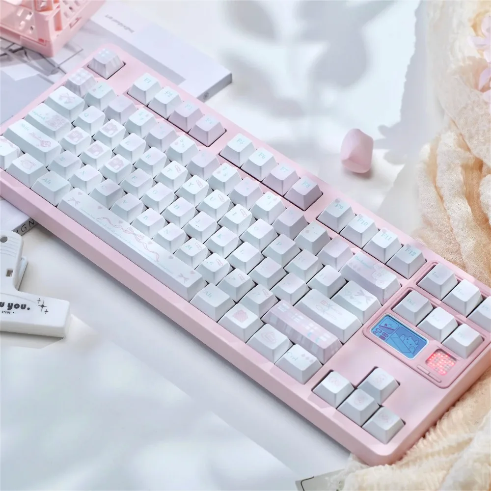 130 Key Marshmallow Keycaps - Cherry Profile PBT Dye-Sub, Pink Cute Aesthetic for Mechanical Keyboard (70% US Layout)