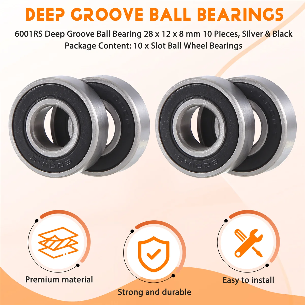 2025+6001RS محمل كروي ذو أخدود عميق 28 × 12 × 8 مم 10 قطع، فضي وأسود