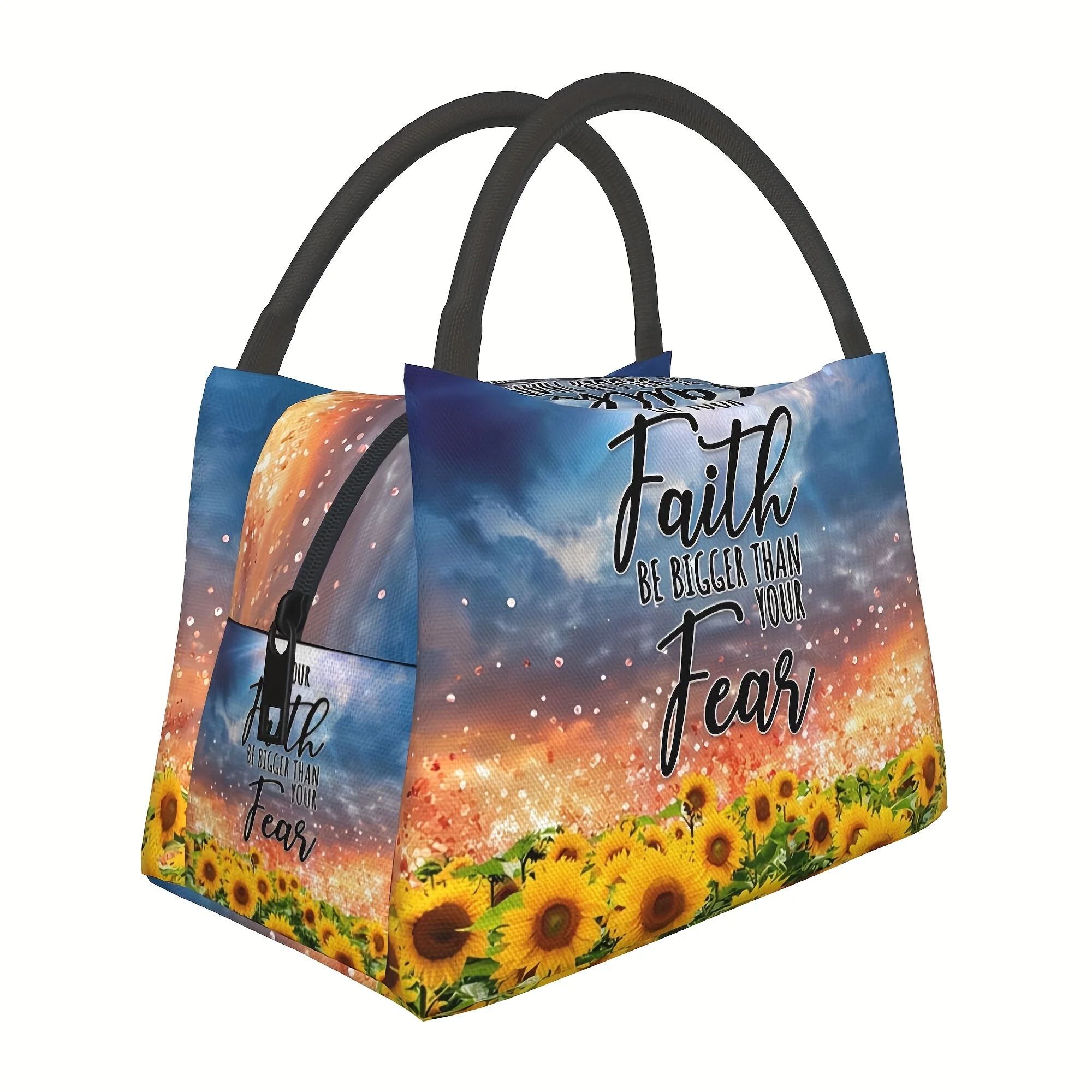 1pc Faith Watercolorful Sunflower Pattern, Portable Reusable Cooler Bag, Cooler Bag, Insulated Lunch Bag for Camping