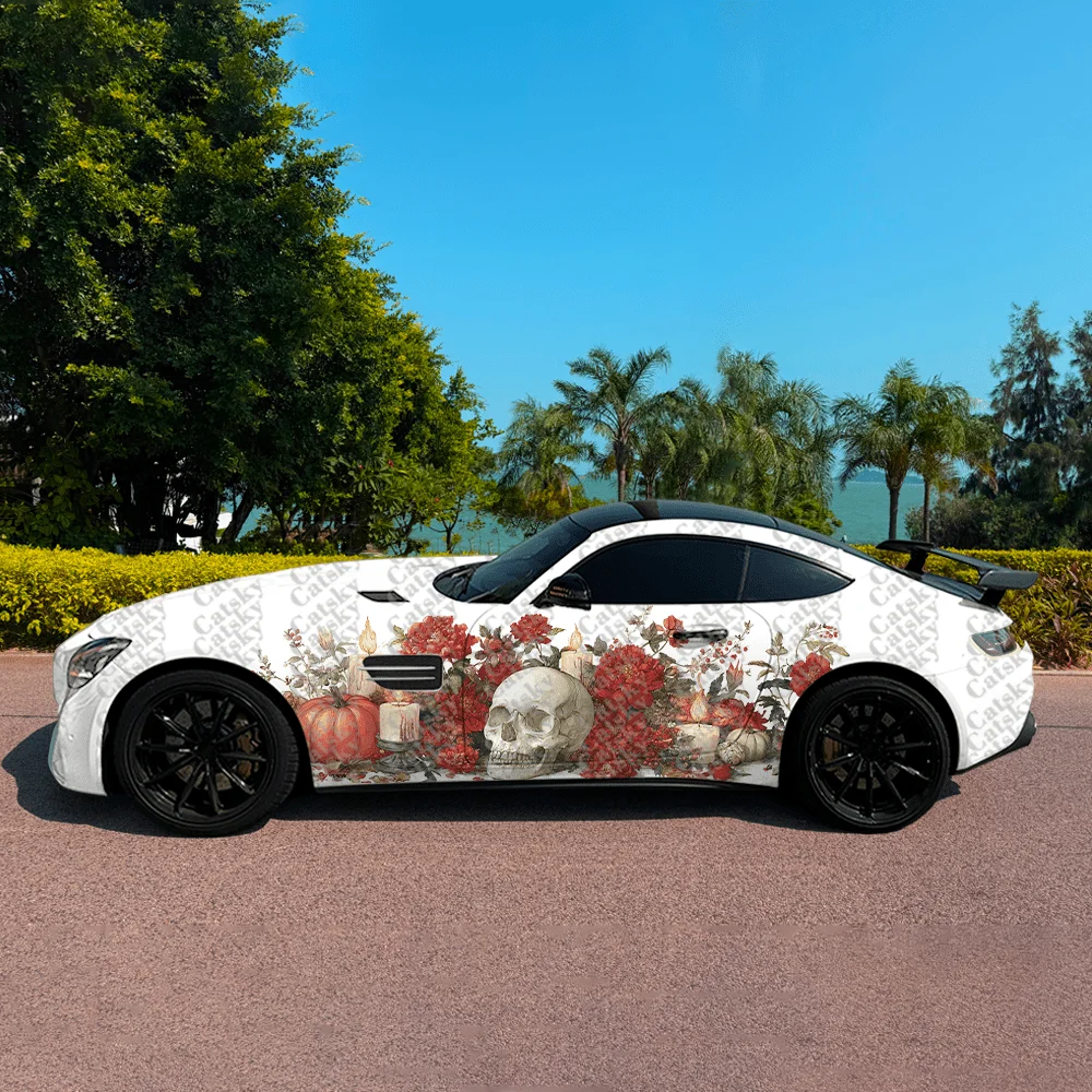

Red Flower Skull Candle Car Vinyl Wraps Decal Self-adhesive PVC Sticker Suitable for Trucks SUV Decoration Auto Accessories Gift
