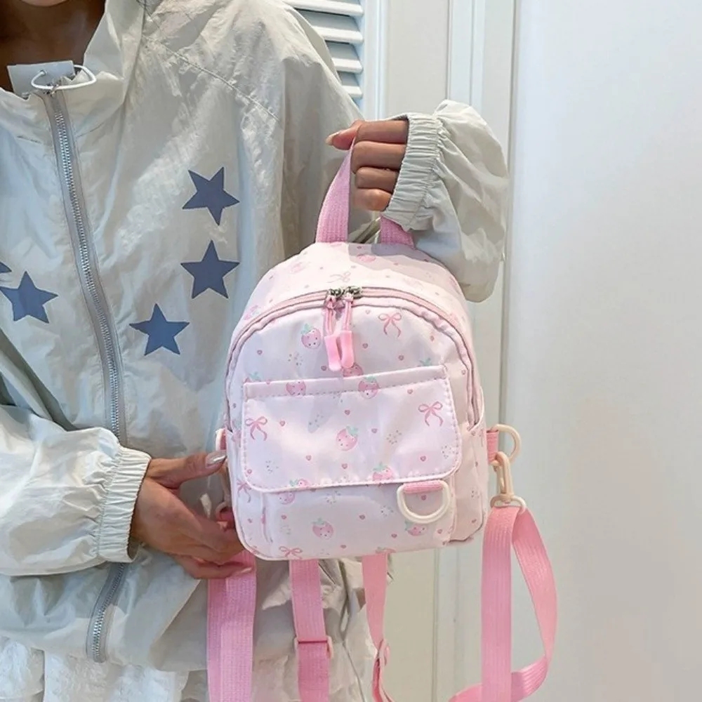 Stylish Lightweight Mini Backpack Strawberry Polyester Bowknot Printed Bag Simple Nylon Daypack Commute