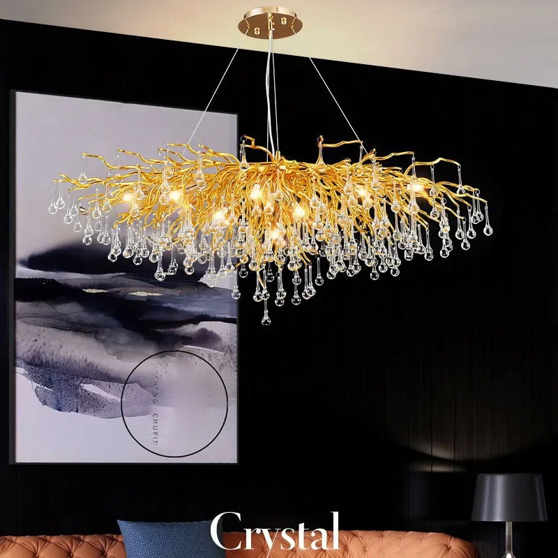 Modern Luxury Copper Branch Water Drop Crystal Chandelier Restaurant Villa Hall Round Living Room Salon Chandeliers Ceiling