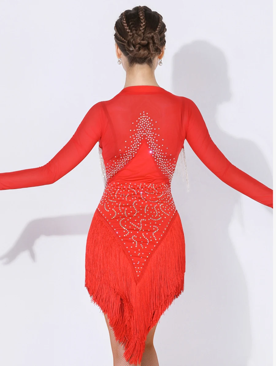 فساتين الرقص اللاتينية النسائية المتألقة قطعة واحدة، أزياء السالسا هامشية، مجموعة أزياء المنافسة المهنية، فستان السامبا بأحجار الراين #6