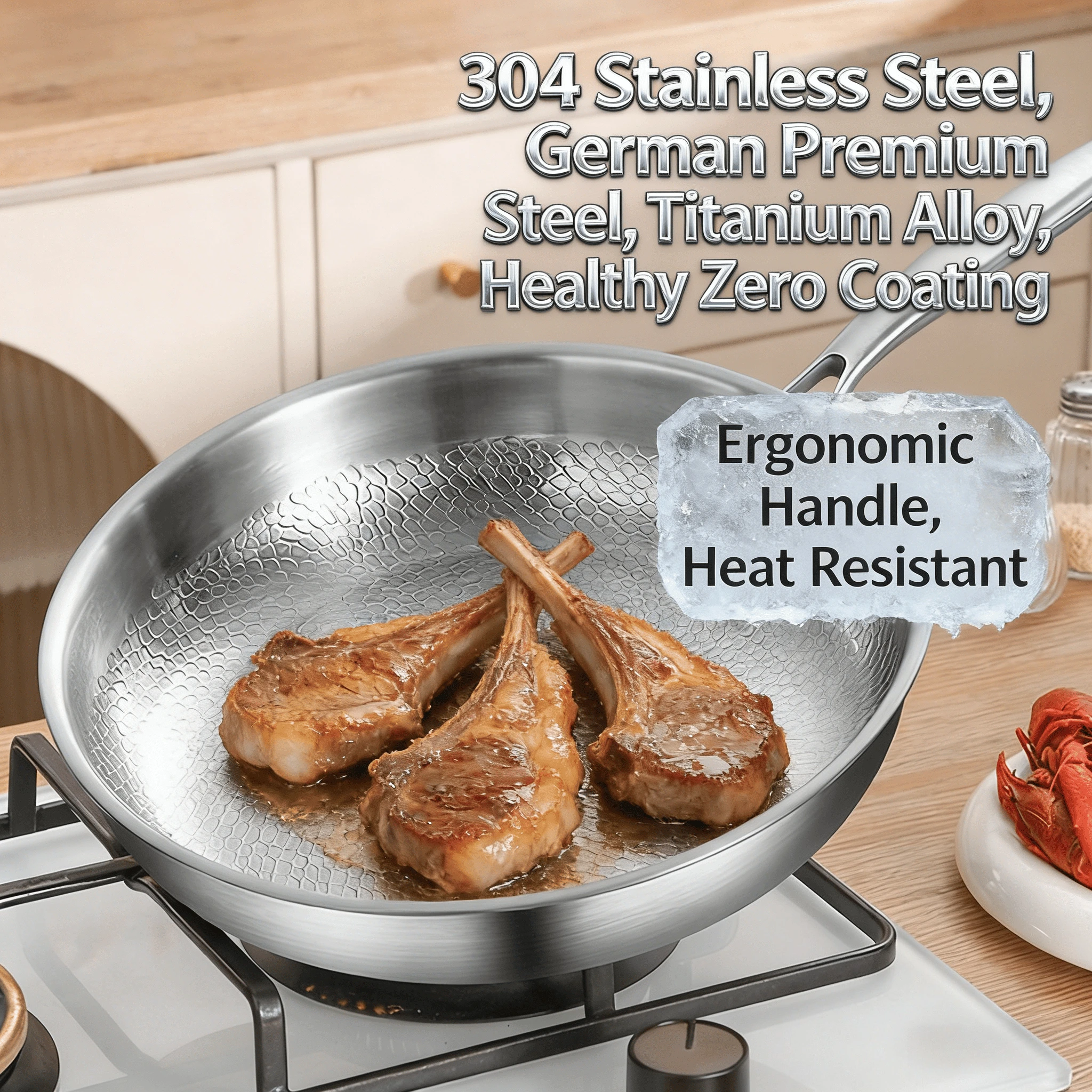

Ergonomic design-26/28cm Premium 304 Stainless Steel Titanium Alloy German Nonstick Frying Pan