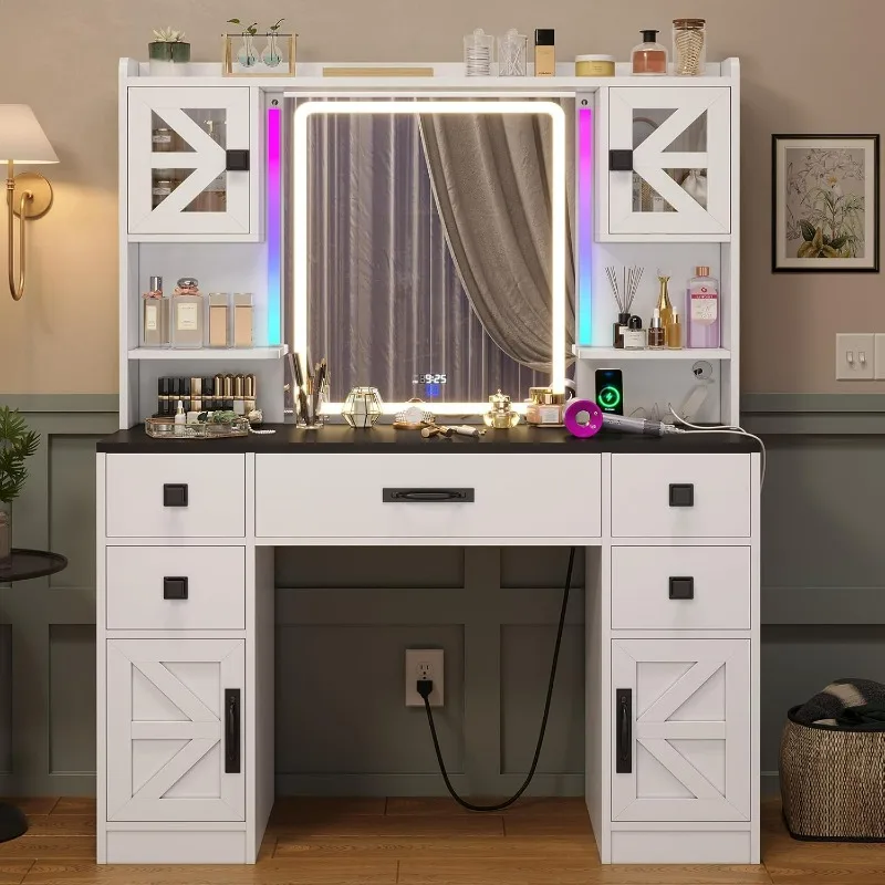 Vanity Desk with Makeup Mirror and Light, 5 Drawers & 4 Cabinets,Charging Station, Big Makeup Vanity Set for Bedroom