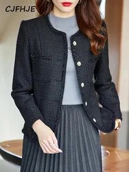 CJFHJE Ivory Fashion Metal Buttons Tweed Coats Women Vintage Long Sleeve Pockets Female Outerwear Black O-neck Elegant Blazers