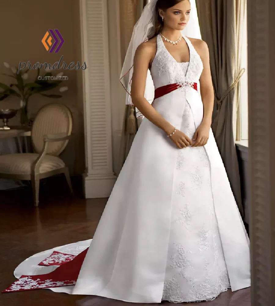 

Victorian Gothic Red And White Wedding Dress 2025 Halter Appliques Lace Vampire Medieval Bride Dress Country Garden Customized