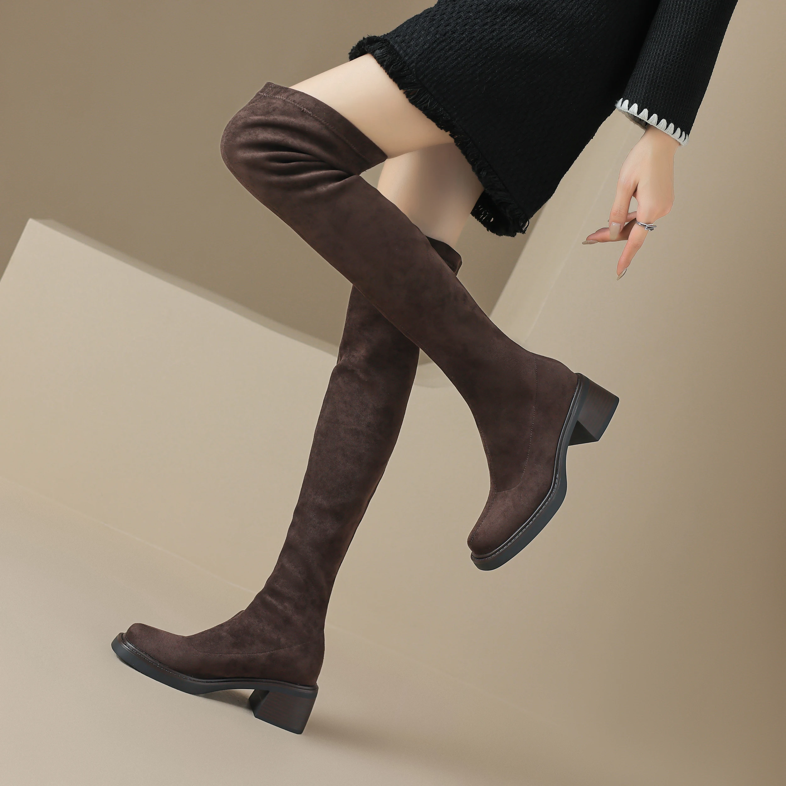 QUTAA 2024 Sexy Women Over The Knee High Boots Stretch Platforms Flock Thick High Heels Long Boots Shoes Woman Size 34-43