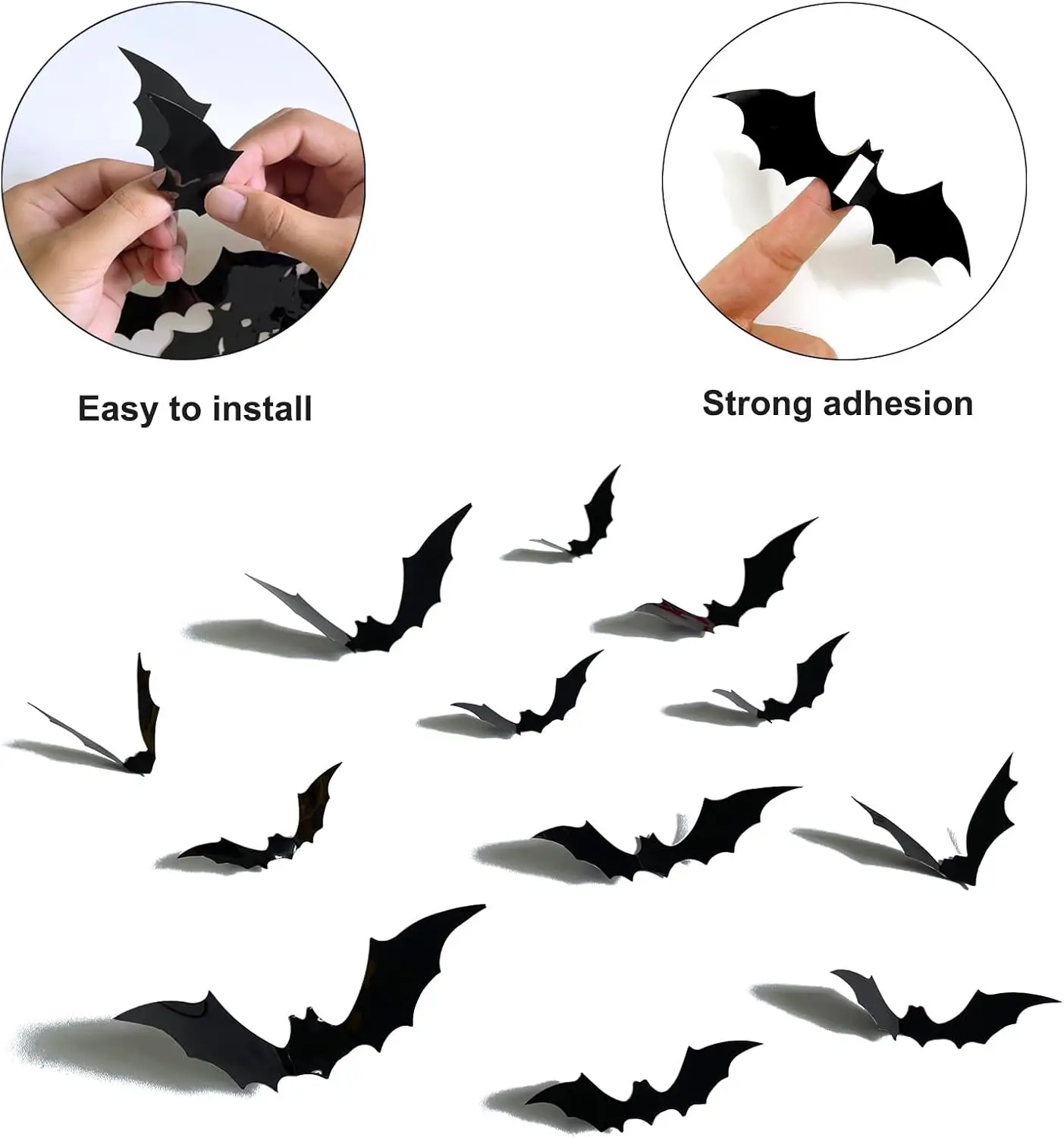 Schwarzes Glitzerndes Happy Birthday Halloween-Banner mit Fledermäusen und Totenköpfen, 3D-Fledermaus-Aufkleber für Horror-Geburtstagsfeier-Dekorationen, Gruselige Party-Deko – Detail 4