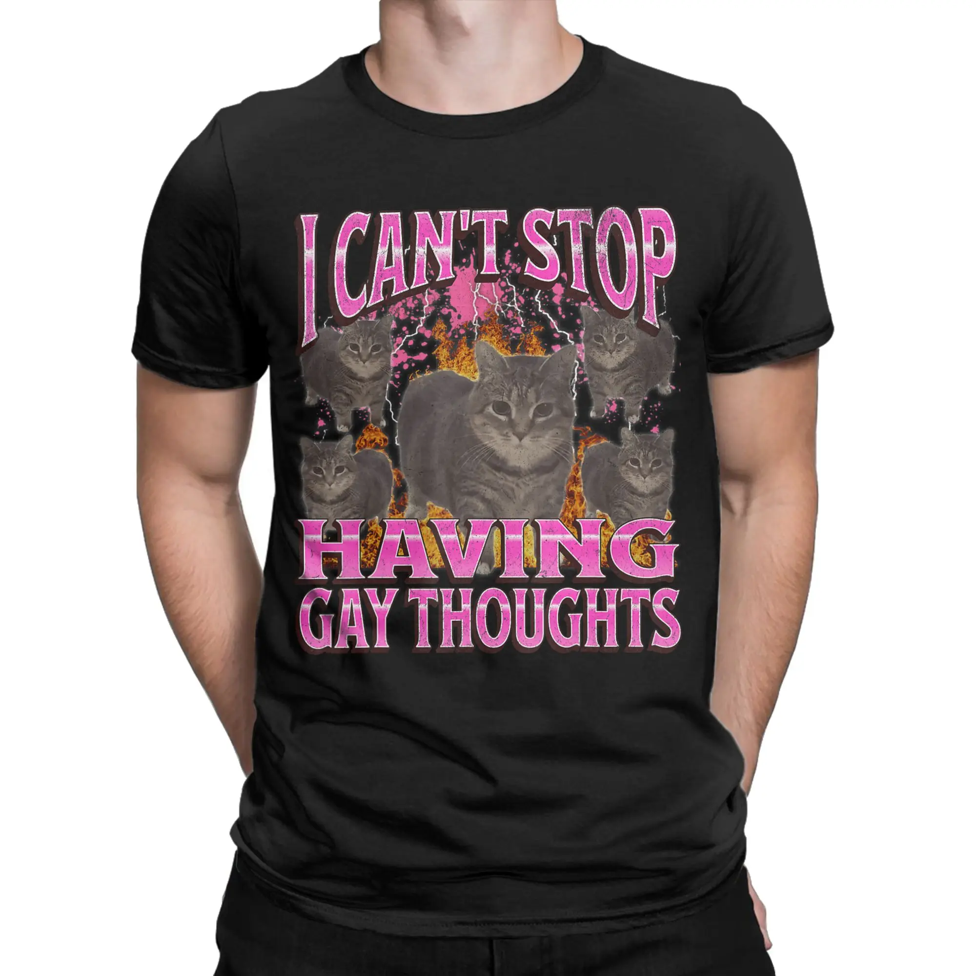 Can't Stop Having Gay Thoughts Funny Cat Meme Bootleg  Tee Shirt for Men Women Graphic T Shirts  100% Cotton Clothing