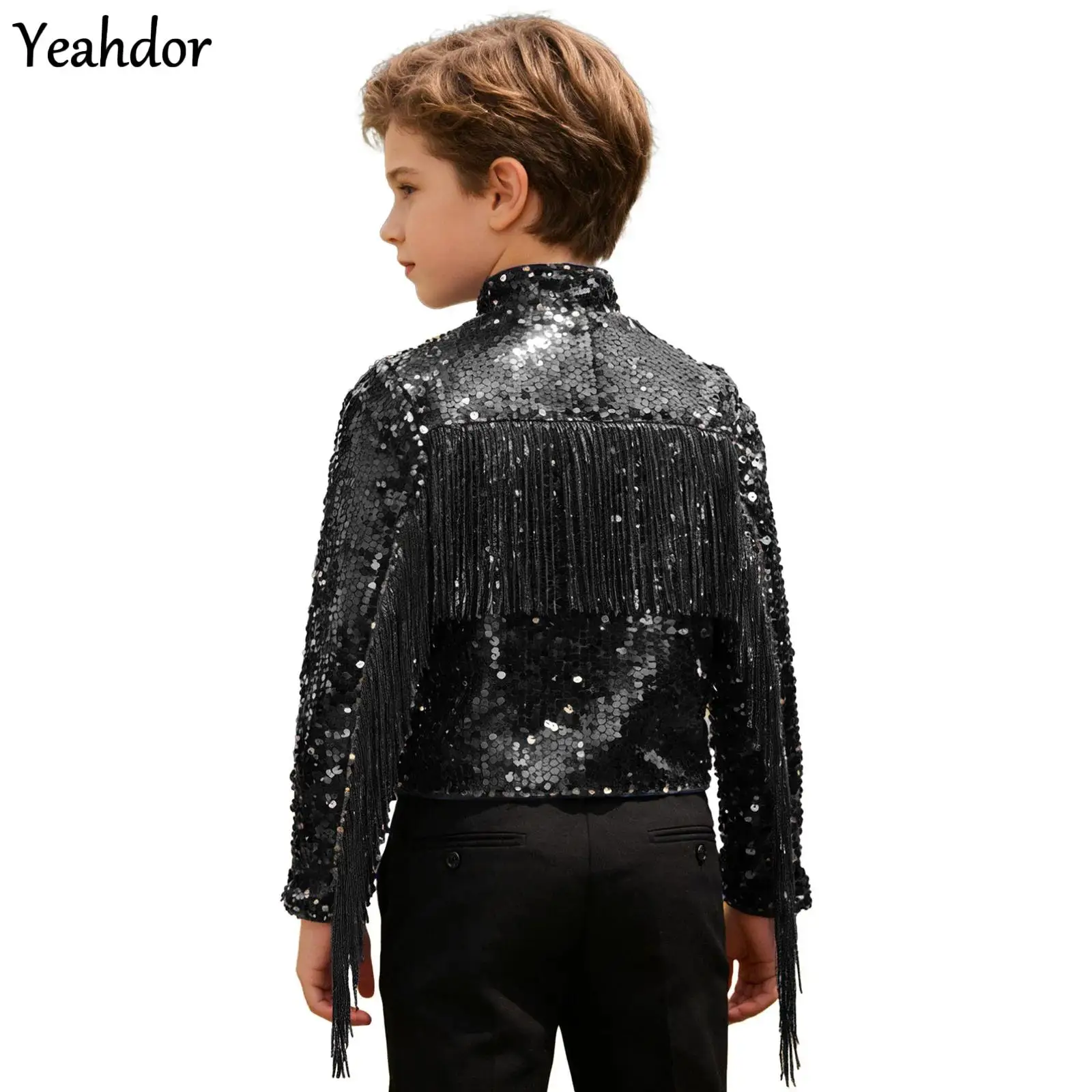 

Kids Boys Tassels Sequin Disco Jacket Cowboy Costumes Tops Long Sleeve Zipper Fringe Coat Outerwear for Jazz Dance Streetwear