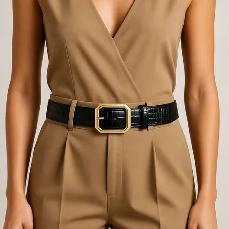Women's versatile decorative crocodile-pattern belt with a square buckle, exuding a high-end European and American style