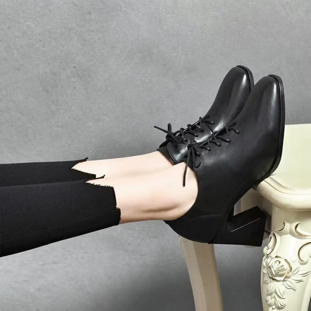 Womens Office Pumps Square Toe Thick Heel Shoes Lace Up Professional Footwear Comfortable Business Wear Leather Style