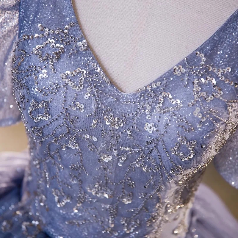 Verão novo longo lantejoulas com decote em v manga princesa grande vestido de noite moda banquete desempenho vocal desempenho arte exame vestido