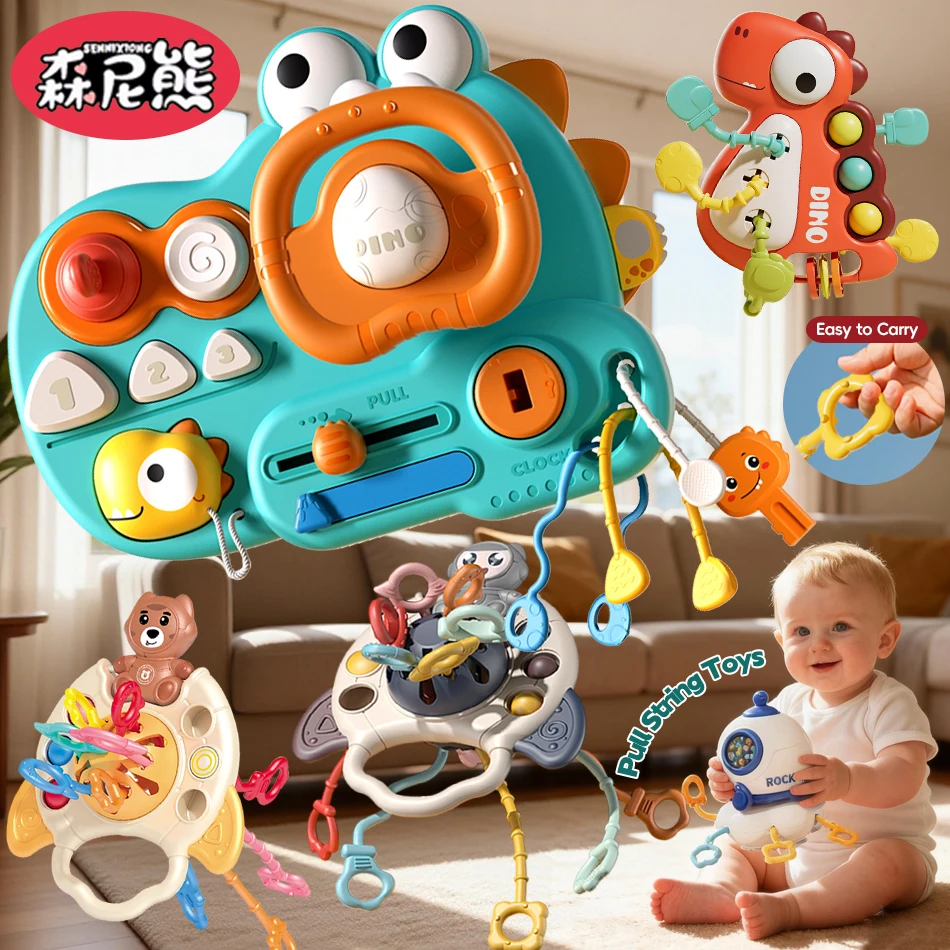 SENNIXIONG Gryzak dla niemowląt ze sznurkiem, uroczy miś, dinozaur, sensoryczna zabawka silikonowa dla niemowląt, grzechotka Montessori dla maluchów, prezent dla noworodka
