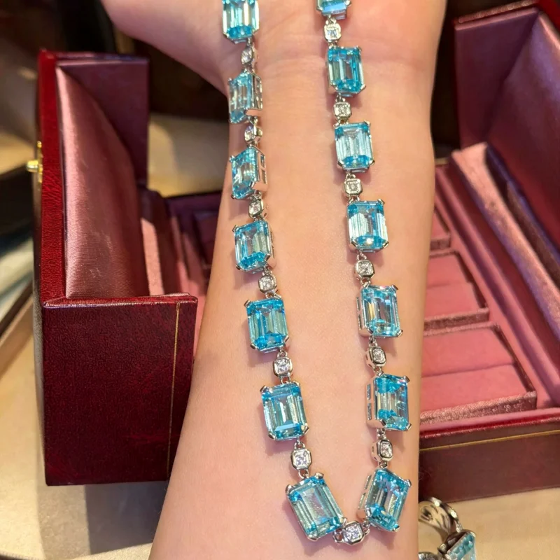 Cameo 925 Silver Synthetic Zircon Sapphire Square Four Claw Full Diamond Emerald Cut Luxury Party Banquet Jewelry Necklace