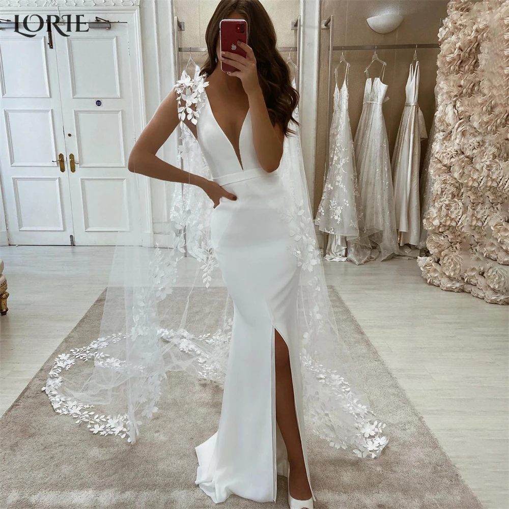 

LORIE Luxury Mermaid Wedding Dresses Deep V-Neck Middle Slit Bodycon Elastic Satin Bridal Gowns With Appliques Cape Bride Dress