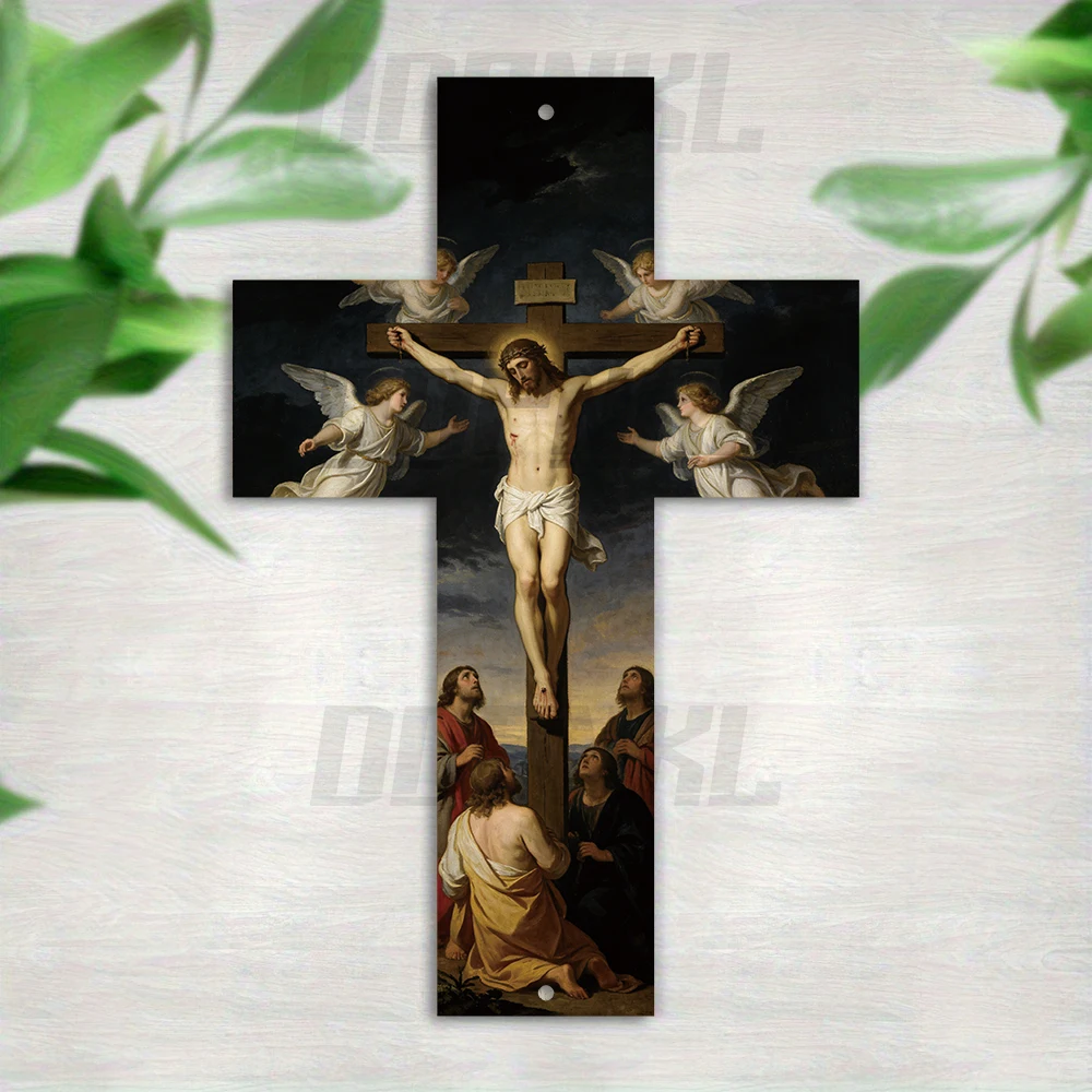 2D  A solemn, exquisite cross wall art depicting the Crucifixion with angels. A profound centerpiece for prayerful reflection.