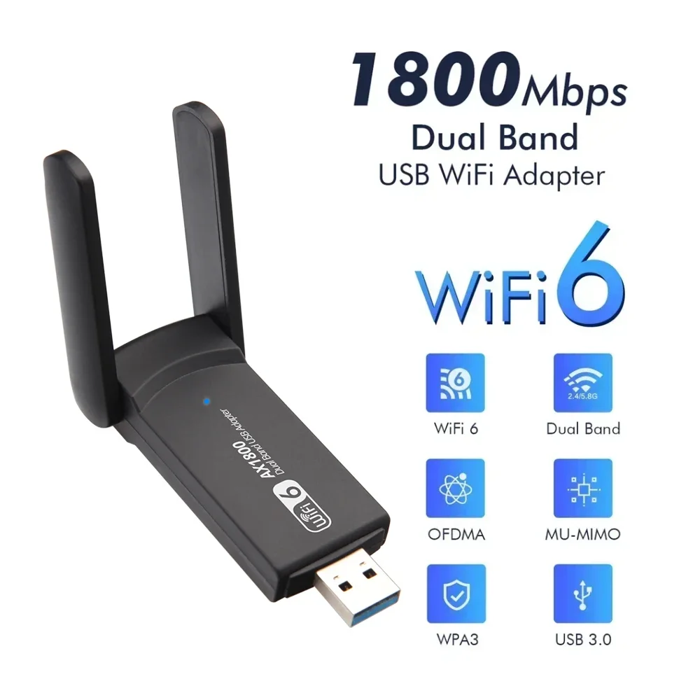 Dongle nirkabel WiFi, adaptor USB 2.4 Mbps kecepatan tinggi USB3.0 6 kartu jaringan Dual Band 1800G & 5G AX1800 untuk Laptop Win10/11