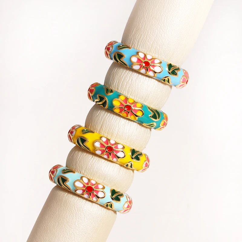 خمر الملونة المينا زهرة خواتم العصرية هندسية الإناث الحد الأدنى زهرة للسيدات حفل زفاف خطوبة مجوهرات هدية