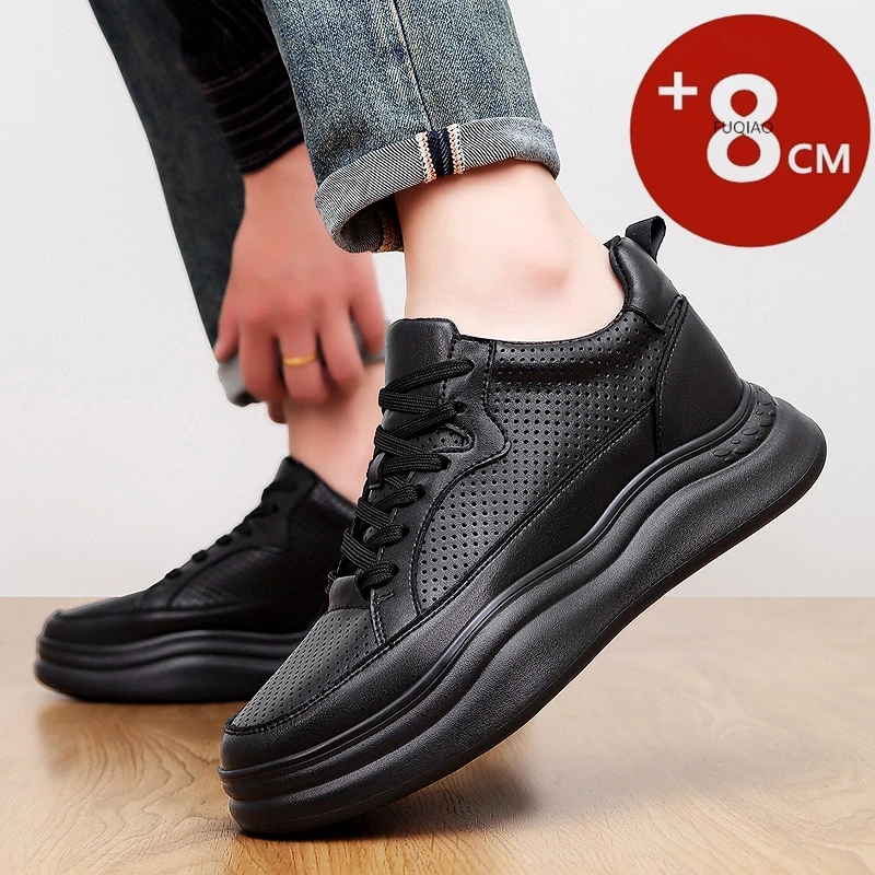 

8cm Heighten Men Genuine Leather Sneakers Summer Hollow Design Breathable Comfort Elevated Casual Walking Shoes For Male Outdoor