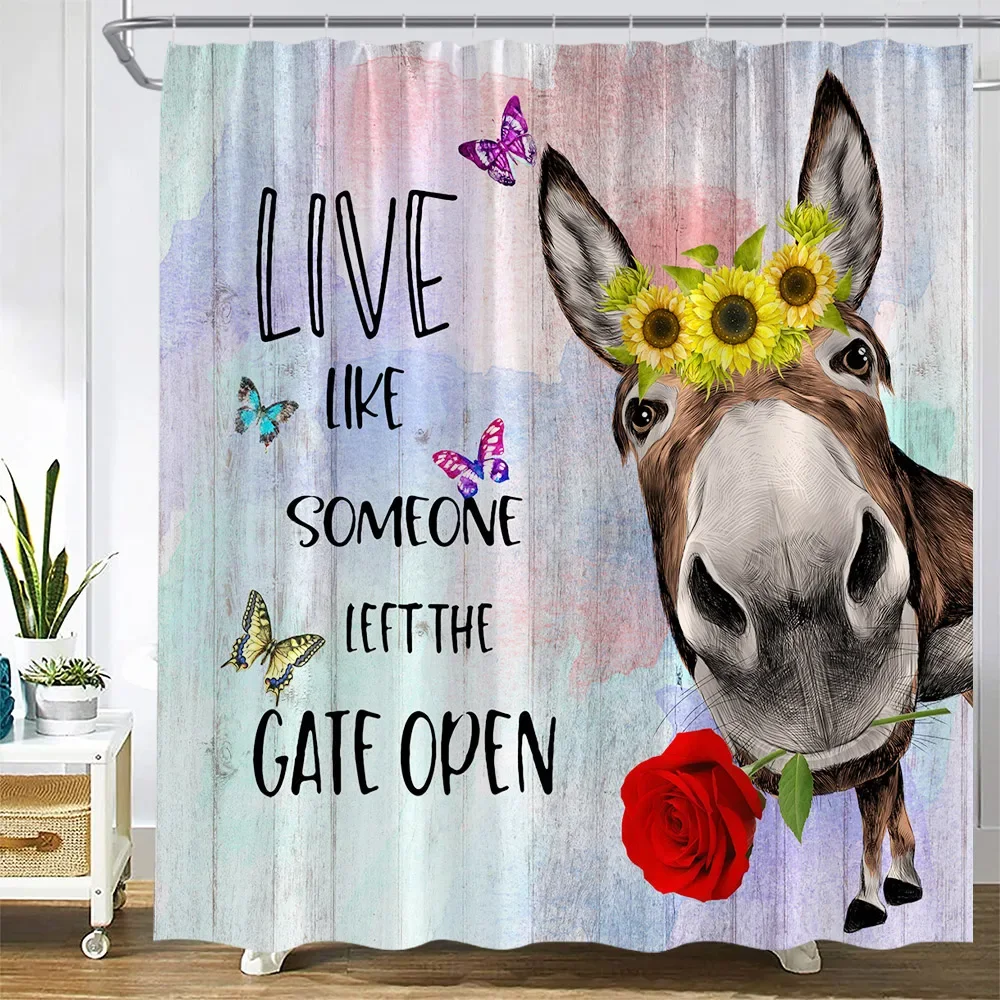 Funny Farm Animal Shower Curtain Butterfly Flowers Sunflower Rose Plant Inspirational Quotes Donkey Bath Curtains Bathroom Decor