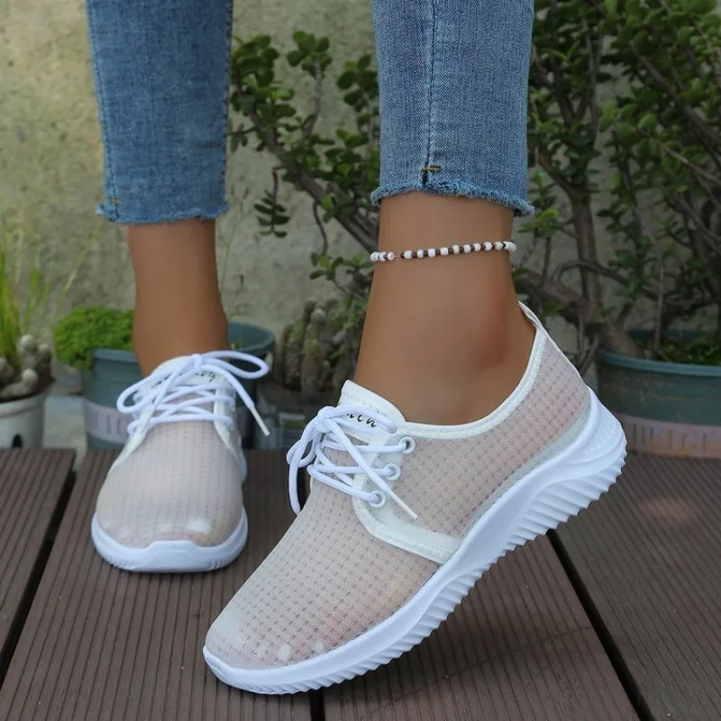 Women's Sneakers Round Toe Lace-Up Sheer-Look Upper Casual Low Heel Sporty Silhouette Textured Outsole Leisure Walking Shoes view 5