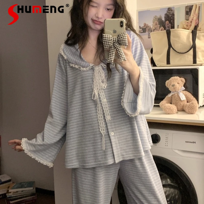 

Thickened Blue Striped Pajamas for Women Autumn Winter New Warm Fleece Sleep Suits Female High End Fleece Homewear Set