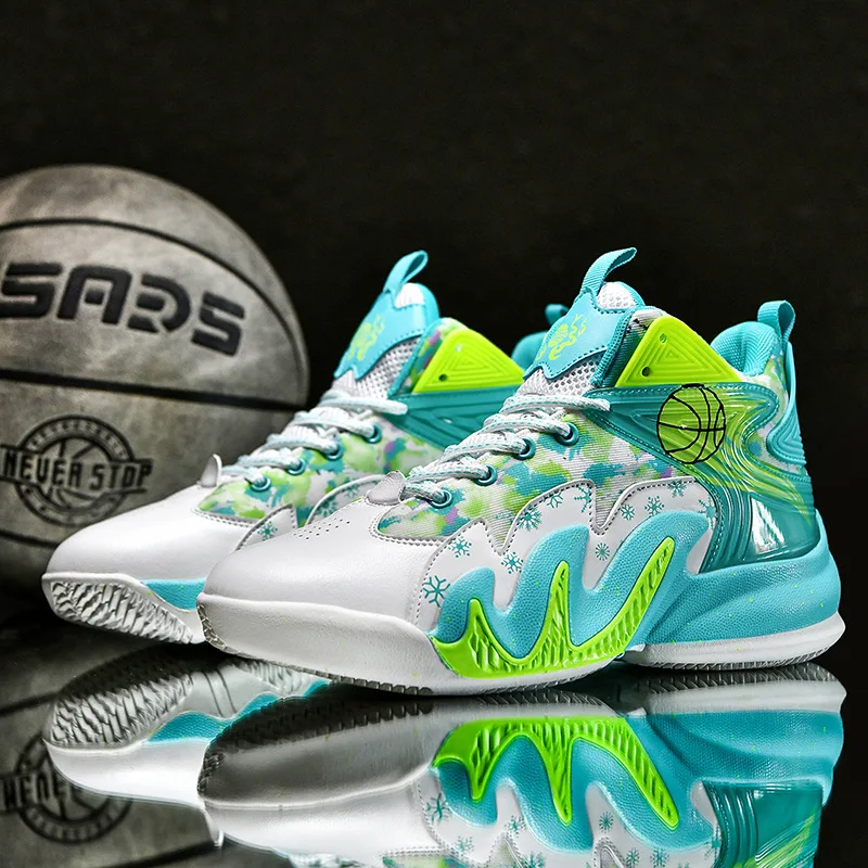

High quality casual leather sport shoe for men lace up print new 2025 44 45 outdoor running basketball sneakers shoe blue green
