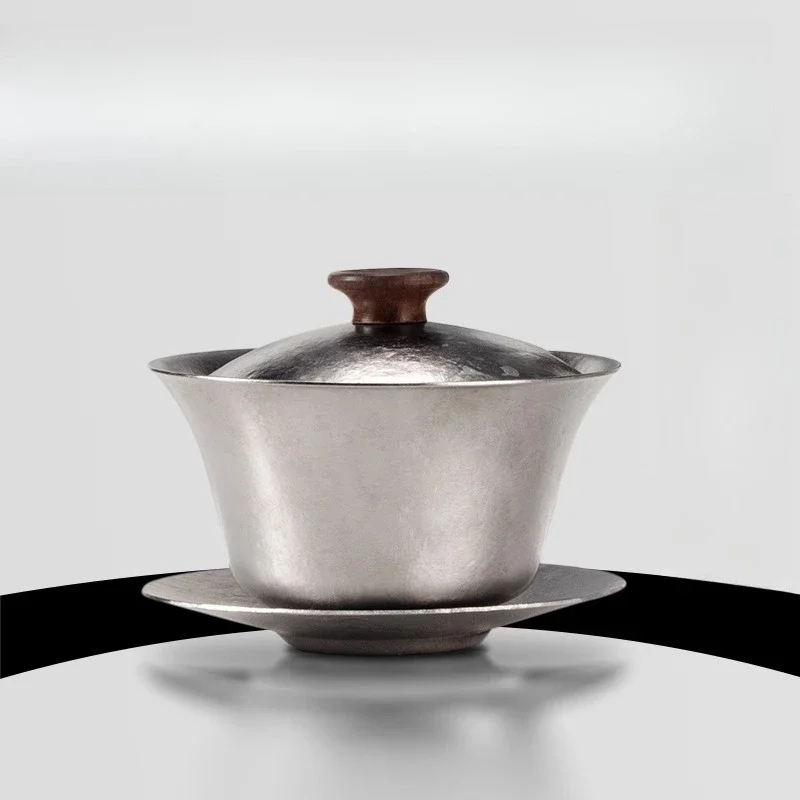 Double-layer pure titanium Sancai cover bowl can hover cover bowl teacup insulation high-end household tea making