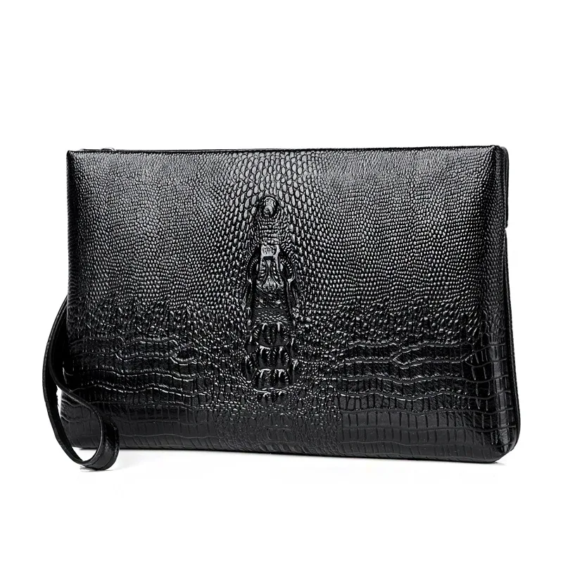 Crocodile-patterned wear-resistant PU leather men's handbag with large capacity, simple and lightweight business hand-held bag