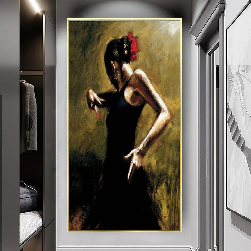 

Настенная картина с изображением танцовщицы женщины, абстрактная черная картина маслом для сцены, латинских танцев, декор для гостиной