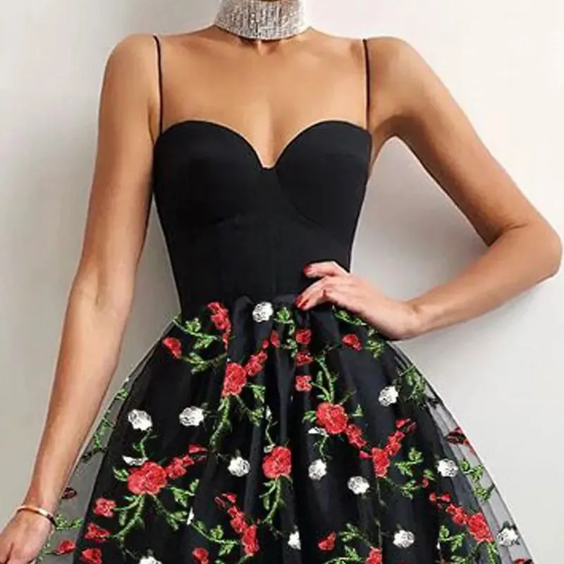 Vestido de fiesta de malla transparente con bordado Floral, falda negra pequeña con tirantes, Verano