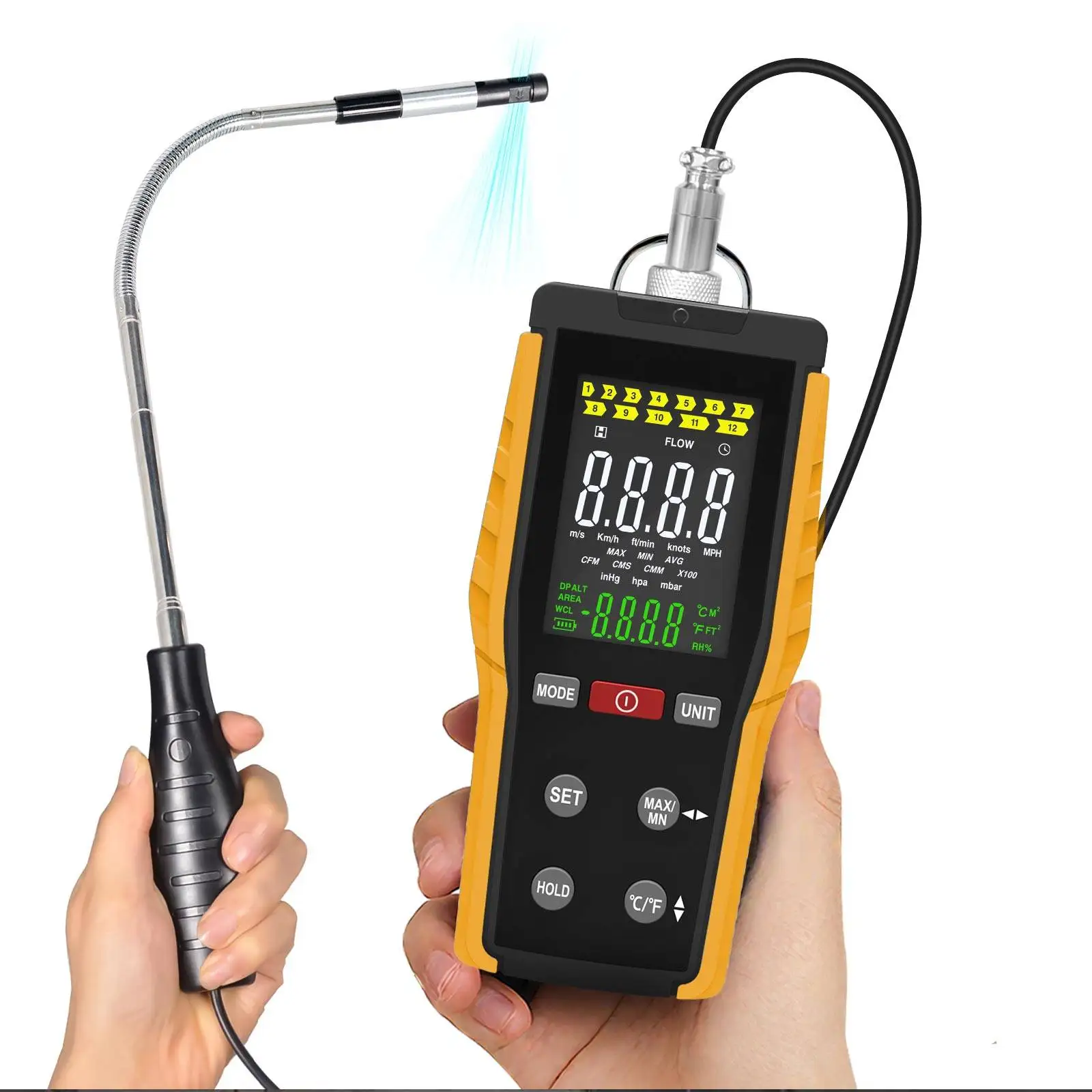 

Hot-Wire Anemometer HVAC Wind Gauge,Handheld CFM Air Flow Velocity Meter HWA Measure Wind Speed 0.1~30m/s w/Max Min for Duct
