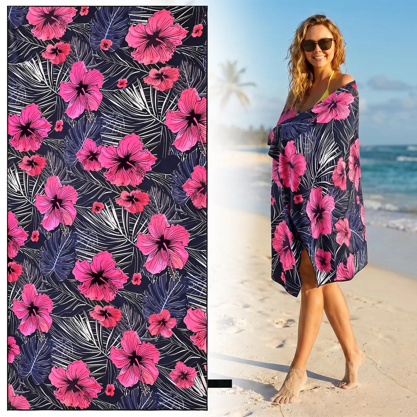 Pastel Sunset Palm Tree Tropical Seaside Super Absorbent Large Beach Towel Hawaii Vacation Outdoor Bath Blanket
