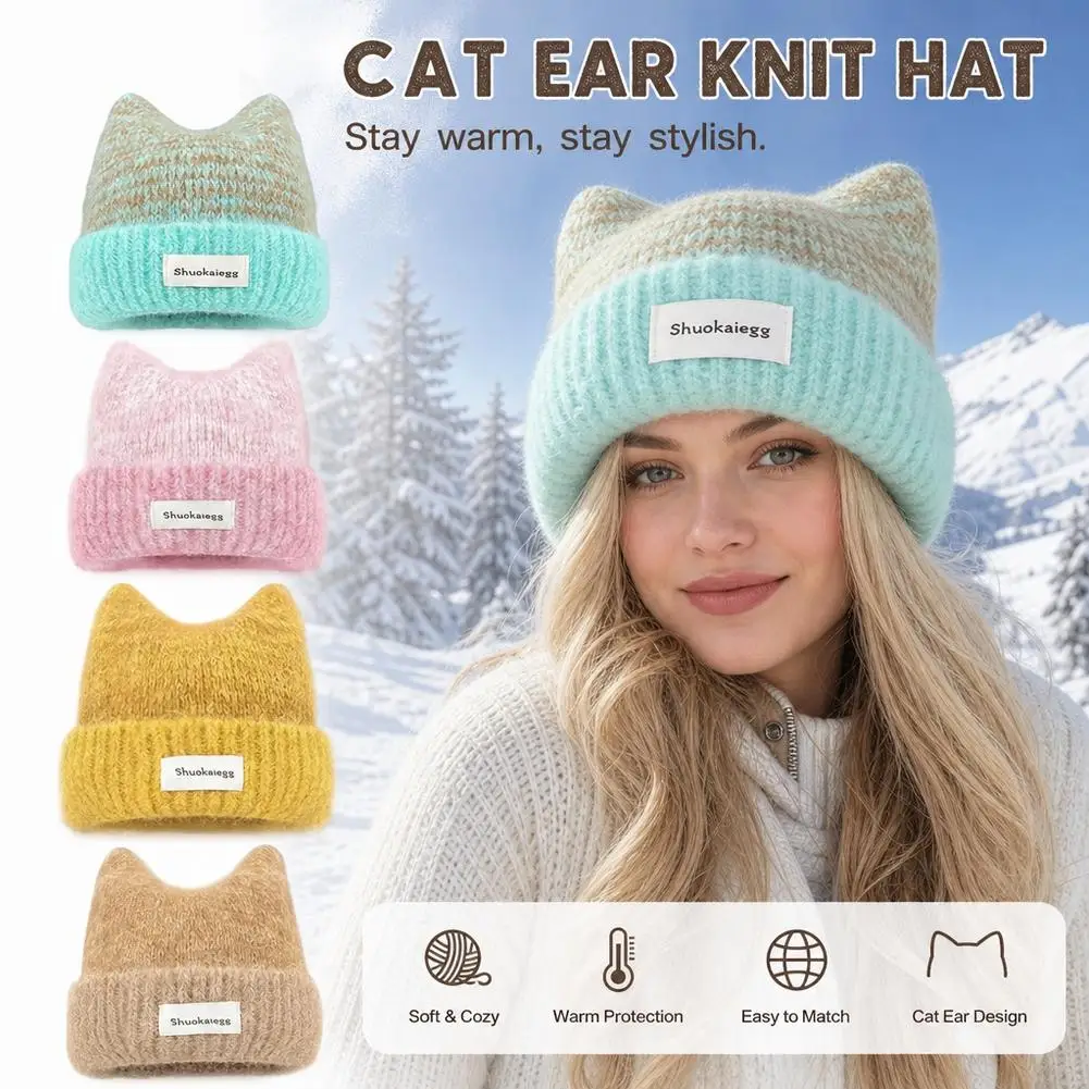 Cute Warm Cat Ear Hat Ear Protection Thickened Knitted Beanie Sweet Design Windproof Winter Cap Daily Wear