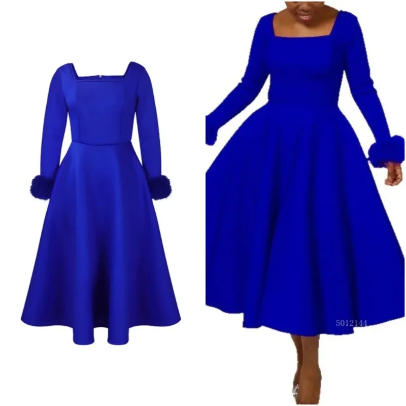 

2026 Spring Summer African Women Long Sleeve Square Collar Solid Color Party Evening Pleated Midi Dress Dashiki Africa Clothing