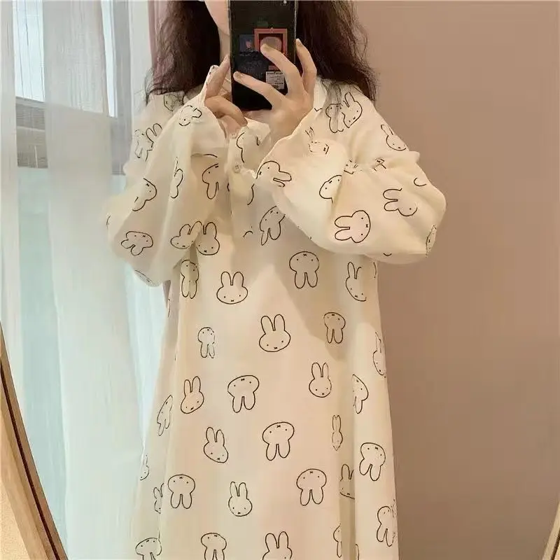 Korean Women Spring Autumn Pajamas Long Sleeve Sweet Pyjamas Round Collar Printed Nightgown Lacework Single Breasted Sleepwear