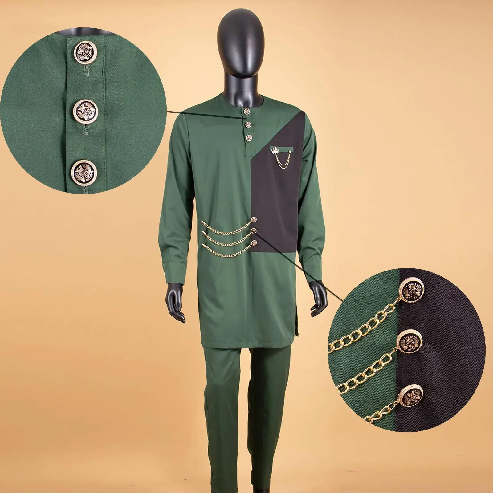 African Suits for Men Single Breasted Long Shirts and Pant 2 Piece Set Wedding Outfits Dashiki Clothes with Chain A2316034