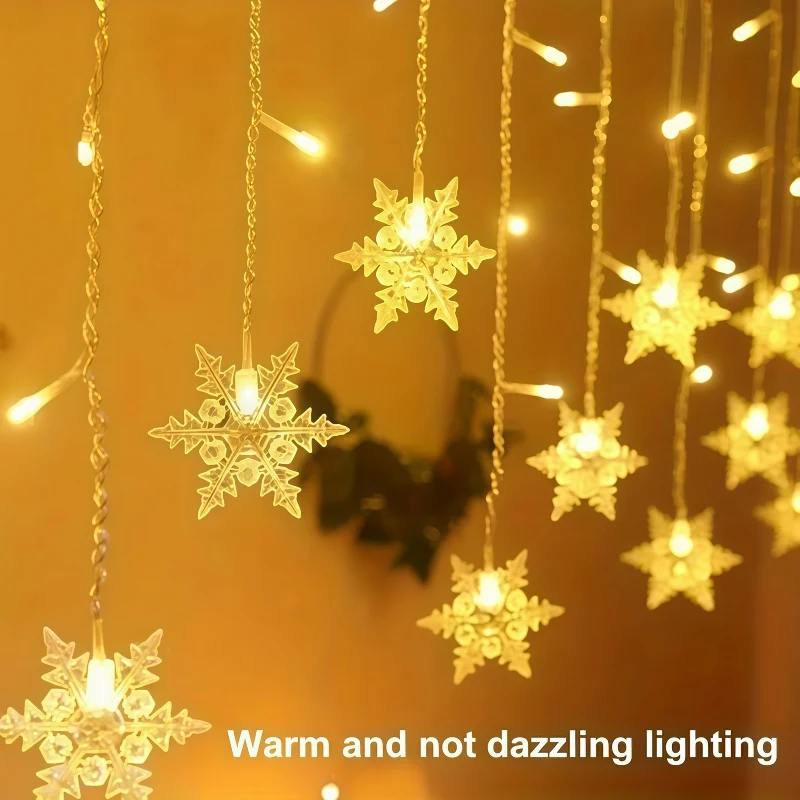 USB Snowflake Curtain Style String Lights Remote Control 8 Modes Warm White Colorful LED Lights for Christmas Home Decor