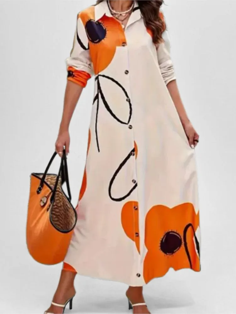 Fashion Printed Long Dress New Women's Spring Summer Casual Loose Long Sleeved Single Breasted Shirt Big Swing A-line Dress