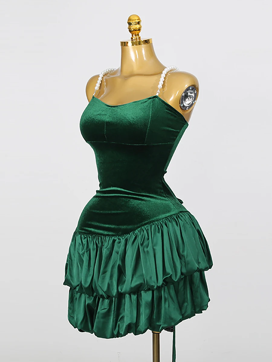 KBQ Green Loose Spliced Folds Chic Dresses for Women Square Collar Sleeveless Elegant Intellectual Dress Female Summer Fashion